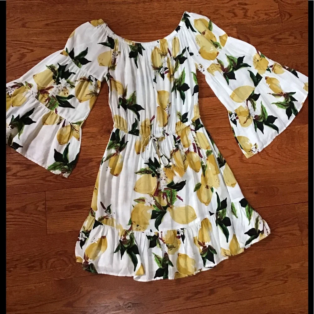 Blue Island Lemon Print Drawstring Off Shoulder Dress/ Cover-up Size XS - Picture 3 of 16